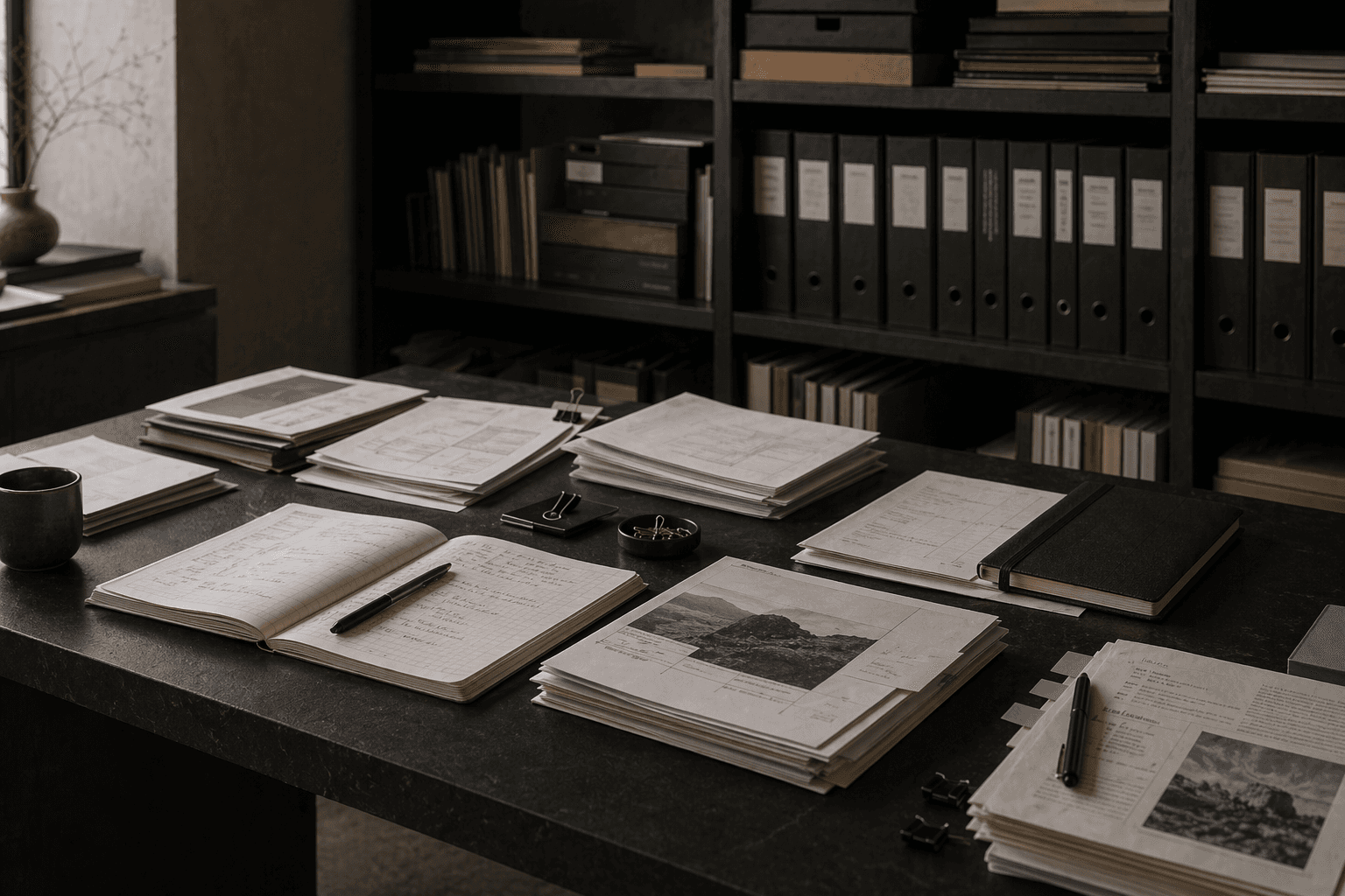Private research archive with paper evidence, folders, notebooks, and source material.